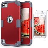 iPod Touch 7 Armor Case with 2 Screen Protectors, IDweel 3 in 1 Hard PC Case + Silicone Shockproof for Kids Heavy Duty Hard Case Armor Cover for 2019 iPod Touch 7th/6th/5th Gen, Red+Gray