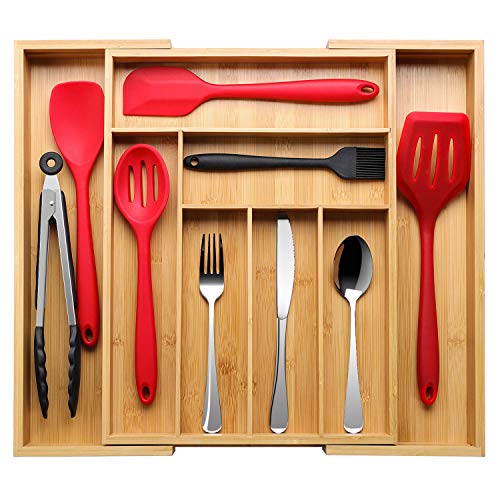 Kitchen Drawer Organizer, BAYKA Expandable Silverware Tray, 100% Pure Bamboo Drawer Dividers, Cutlery & Utensils & Flatware & Stationery Organizer with 4 Cushioning Pasters Fit Snugly into Any Drawer - Thumbnail 7