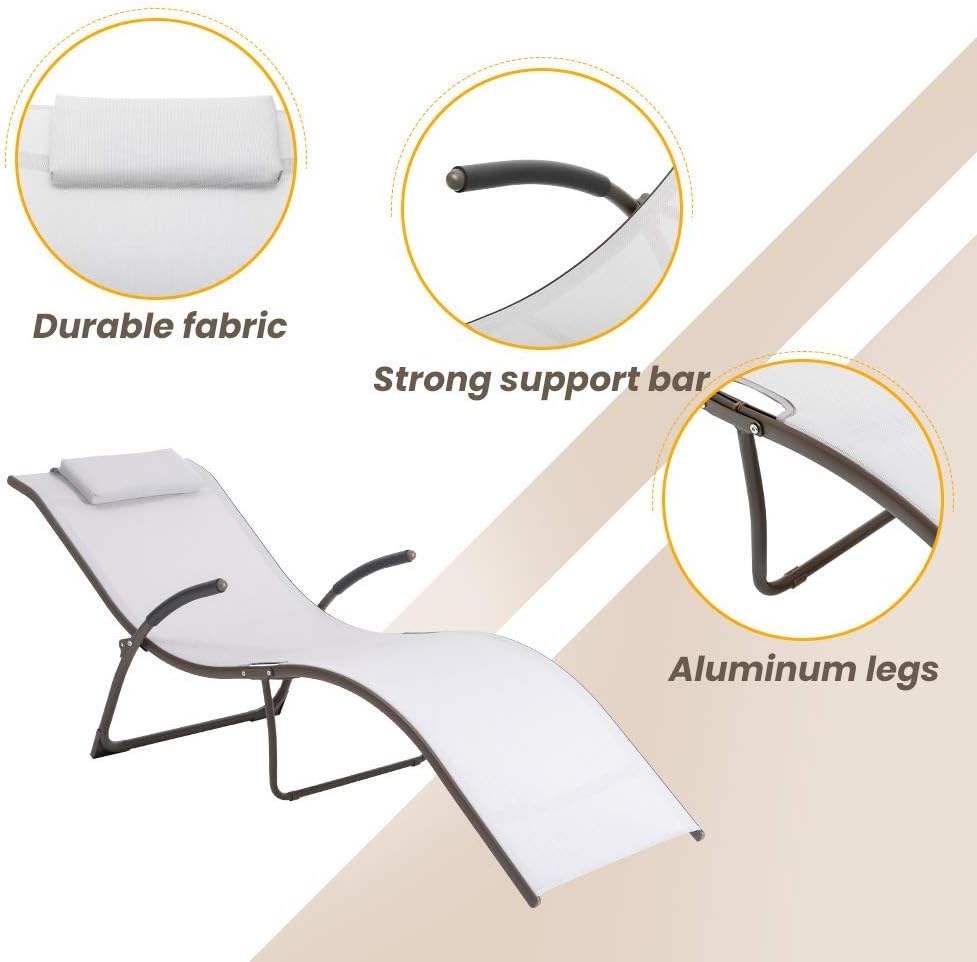 Crestlive Products Patio Chaise Aluminium Folding Lounge Chairs with Pads Outdoor Recliner All Weather Furniture in Brown Finish for Lawn, Beach, Deck, Poolside Sunbathing(2 PCS Light Gray): Garden & Outdoor