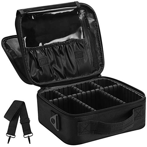 Syntus 2 Layers Travel Makeup Bag with Mirror, Portable Train Cosmetic Case Organizer with Adjustable Dividers Large Capacity for Cosmetic Makeup Brushes Toiletry Jewelry Digital Accessories, Black 1 Syntus 2 Layers Travel Makeup Bag with Mirror, Portable Train Cosmetic Case Organizer with Adjustable Dividers Large Capacity for Cosmetic Makeup Brushes Toiletry Jewelry Digital Accessories, Black