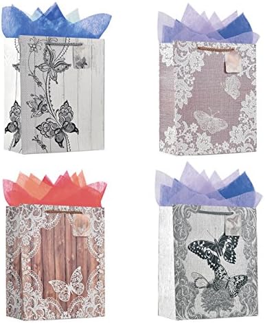 Singular Metallizing Paper Corp. Party Favor Bag Gift Bag Paper Bag,with Rope Handle design for Party,Valentine's Day,Birthday (Set of 12) Mixed Color (Small(7 x 9 x 4), Flower&amp;Butterfly)