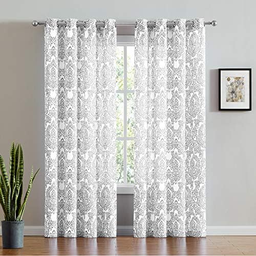 FMFUNCTEX White Grey Damask Print Curtains for Bedroom 63 inch Total