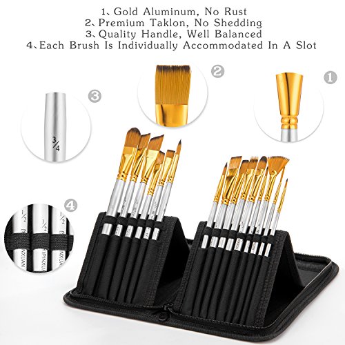 Paint Brush Set, UnityStar 15 PCS Short Handle Synthetic Art Painting Brushes with Case for Acrylic Watercolor Oil Paint