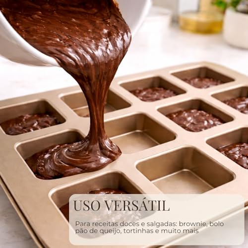 Forma para Brownie 12 Cavidades Quadradas Antiaderente, Assadeira de Aço Carbono para Mini Brownies, Cupcake, Mini Bolos, Doces e Sobremesas no Forno