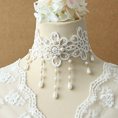 LEECO Elegant Sweet Pure Beautiful Bride Wedding Accessories Gothic Sweet Handmade Princess Bridal Wild Wedding White Lace Choker Necklace,Tear-shaped Pendant Pearl Tassel White Necklace