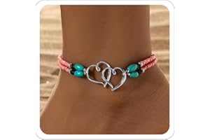 ANGLEQUEEN Elastic Beaded Ankle Bracelets for Women Double Heart Layered Stretch Ankle Bracelets Waterproof Dainty Boho Beaded Anklets for Summer Beach Foot Jewelry