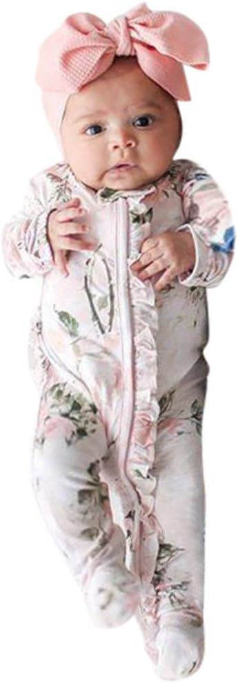 Baby Girls' Bodysuits Set Headband +Floral Printed Pajamas Long Sleeve Footed Sleeper & Playwear One-Piece Jumpsuit
