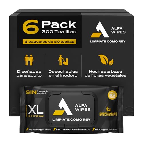 Alfa Wipes Toallitas Humedas para Adulto Extra Grandes y Gruesas, Desechables en Inodoro, Libres de Fragancias, Hipoalergénicas, con Aloe, Vitamina E, Manzanilla | 6 paquetes con 300 toallitas