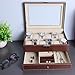 BASTUO 12 Jewelry Display Case Watch Box Organizer Holder with Jewelry Drawer for Storage, Men's Watch Storage Case Tray with Key&Lock, Brown PU Leather with Glass Top