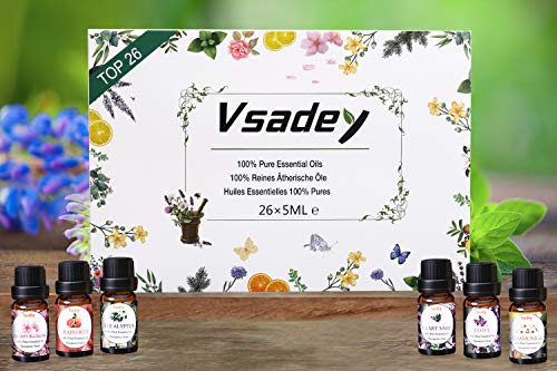Essential Oils Set, VSADEY Aromatherapy Essential Oil Kit for Diffuser, Humidifier, Massage, Skin Care - Lavender, Eucalyptus, Peppermint, Sweet Orange, Tea Tree, Lemongrass, Bergamot (26 x 5ml)