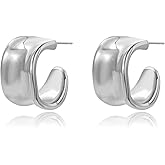 NCPSG Chunky Silver Earrings 14K Gold Plated Geometric Dangle Earrings for Woman, Trendy Simple Silver Hypoallergenic Small Hoop C Shape Stud Earrings Jewelry