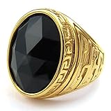 KONOV Mens Crystal Stainless Steel Ring, Classic Oval, Black Gold