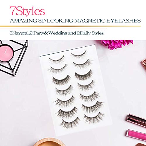 7 Pairs Reusable Magnetic Eyelashes and 2 Tubes of Magnetic Eyeliner Kit，Upgraded 3D Magnetic Eyelashes Kit With Tweezers Inside