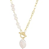 Sylph Pearl Necklaces For Women, 18K Gold Plated Baroque Pendant with Natural Freshwater Cultured Pearls Necklace Dainty Gold Choker Fashion Retro Link Chain Charm Valentine Jewelry for Women Gift