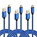 Micro USB Cable, HI-CABLE Fast+ 3 pack 6ft Quick Speed Braided Long Charging Cord For Samsung Galaxy S7 S6 Edge Plus, Note 4/ 5,S4 S5 Active, Tab A S/ S2 Pro, PS3/ 4, Android Phone Gold-Plated (Blue)