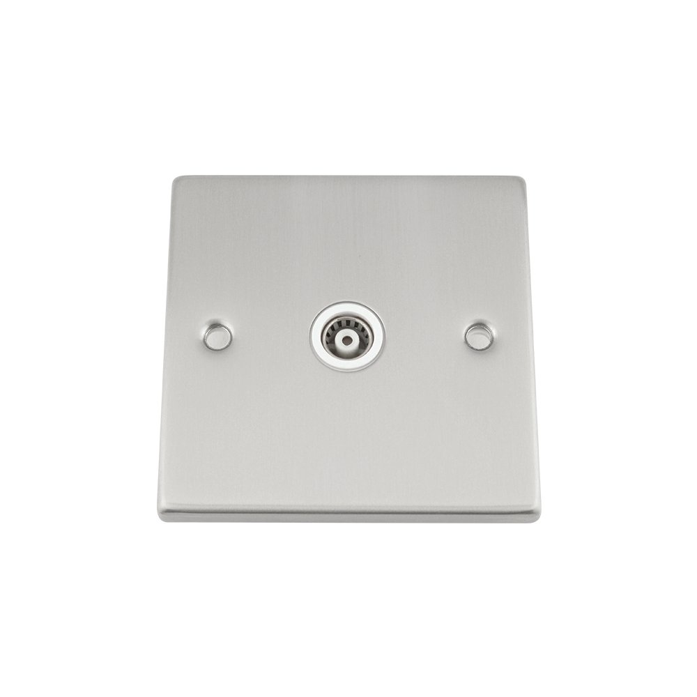 TV Coaxial Aerial Socket Single 1 Gang - Satin Matt Chrome Square - White Insert