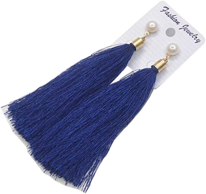 MINIZY Tassel Earrings Bohemian Long Thread Tassel Elegant Drop Dangling Earrings Charm Ear Studs (Blue)