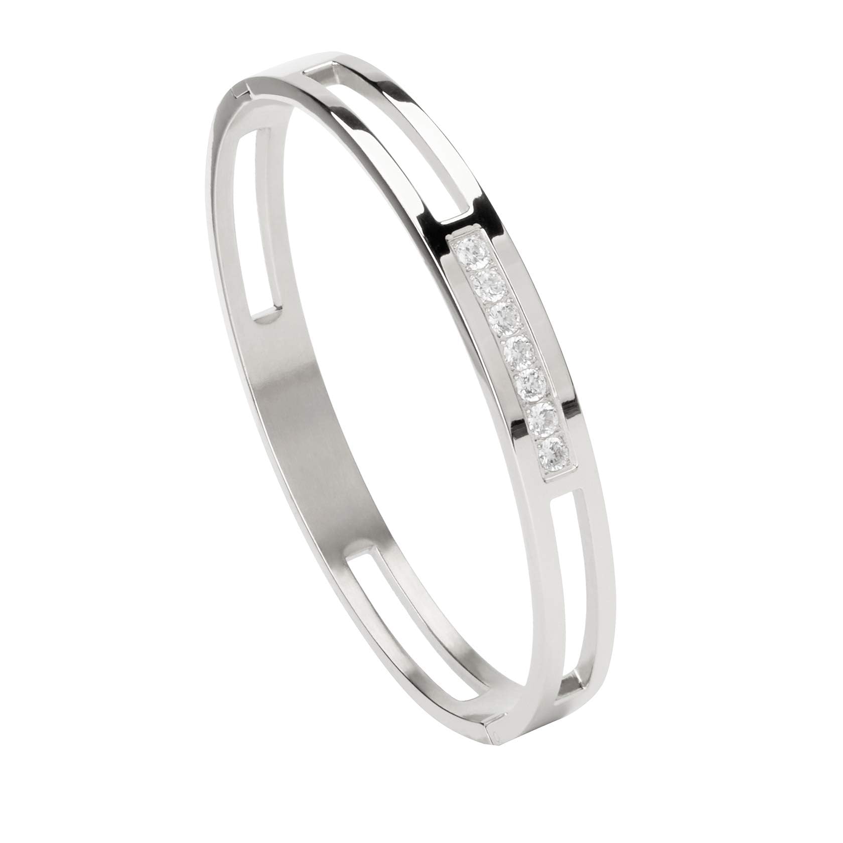 MILAKOO 8mm Silver Color Bangle Hollow Stainless Steel with Rhinestone Bracelets 6.7 Inches