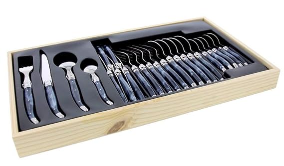 Laguiole Besteck-Set, 24-teilig, blau marmorierte Griffe