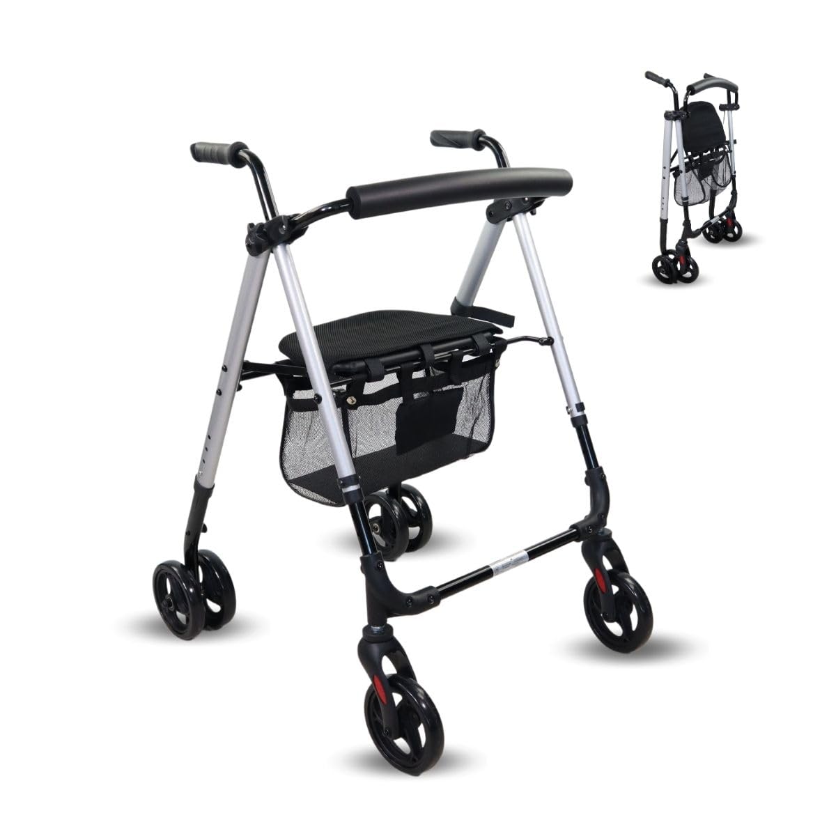 Mobiclinic®, Walker for Adults, Foldable, Lightweight, Seat and Basket XXL, Pole Holders, Height Adjustable, Aluminium, Spanish Brand, Press Brakes, Dehesa, Solid Wheels, Pearl Grey