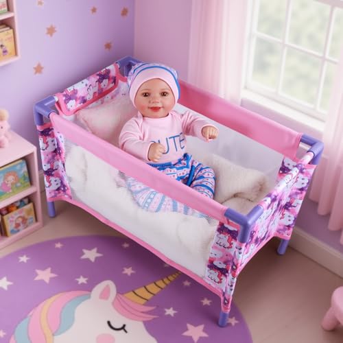 BABESIDE Baby Doll Crib Set for 18 Inch Dolls, Foldable Baby Doll Bed Playpen Toy Crib with Storage Bag for Reborn Baby Doll Accessories, Purple Babydoll Pack and Play