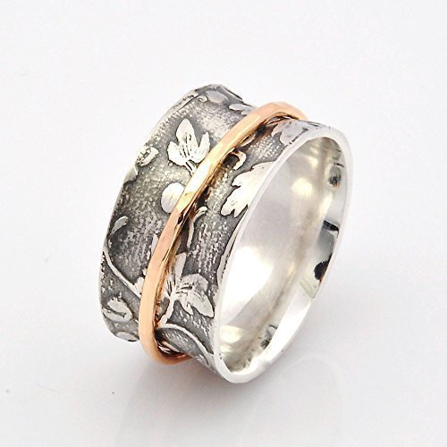 Wide concave silver and gold leaf motif comfort fit spinner ring sizes 5 to 10.5