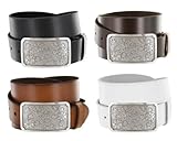 Silver Engraved Square Western Full Grain Leather Casual Jean Belt