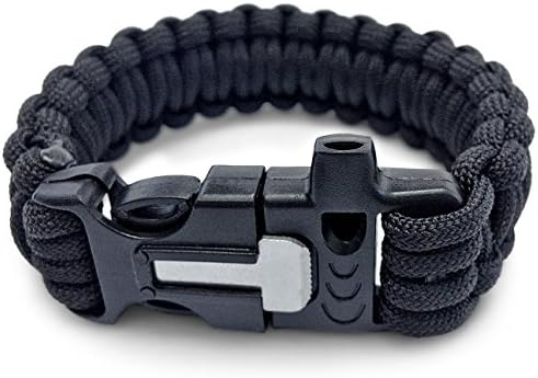 550 Paracord Survival Bracelet With Fire Starter and Whistle | By MOX Gear (Black)
