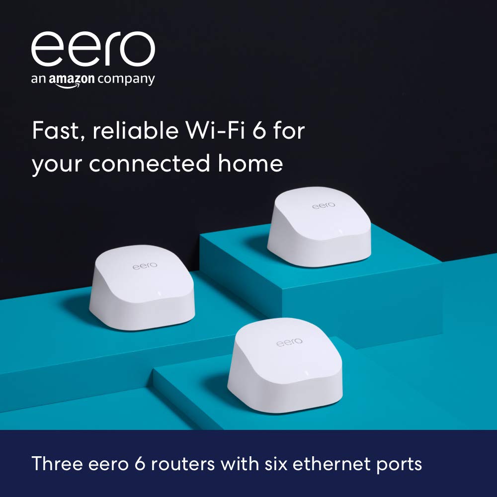 Introducing Amazon eero 6 dual-band mesh Wi-Fi 6 system with built-in Zigbee smart home hub (3-pack, three eero 6 routers)