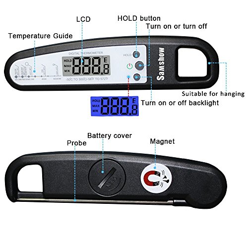 Samshow Digital Instant Read Thermometer with Back Light, Cooking Food Meat Thermometer, LED Screen, Collapsible Internal Probe for Kitchen BBQ Grill Smoker, Magnet Back, Battery Included(Black)