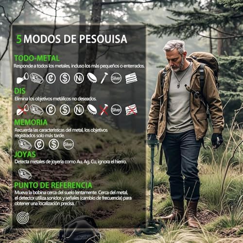 Detectores de Metales, Detector de Metales Profesional para Adultos, Pantalla de Cristal Líquido de Alta Definición, Buscador de Tesoros de Alta Sensibilidad, 5 Modos, Longitud Ajustable (56-93) cm