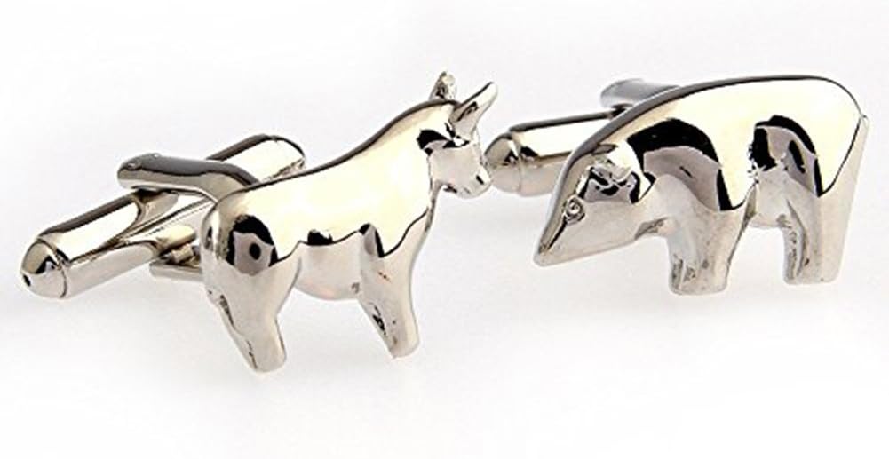 Covink® Silver Color Metal Shiny Bull and Bear Figures Stock Market Men's Copper French Suit Cufflinks One Pair