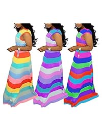 Vestido largo a rayas de arco iris sexy para mujer Bolsillos sueltos casuales Vestidos largos boho de gran tamaño