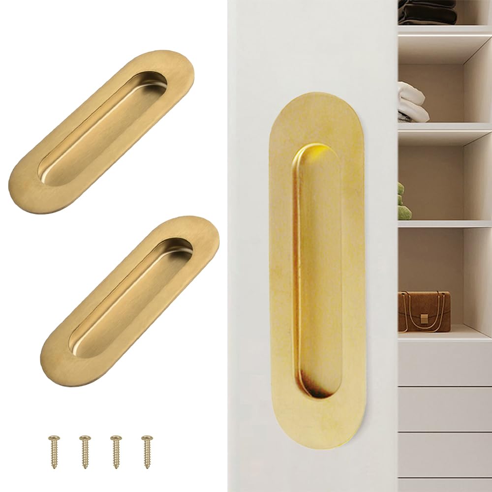Deyixinup 2 PCS Side Hole Flush Pull Golden Oval Embedded Sliding Door Handle Stainless Steel Recessed Door Handles with Hidden Screws for Sliding Doors Cabinets Drawers Cupboard Wardrob — image 1