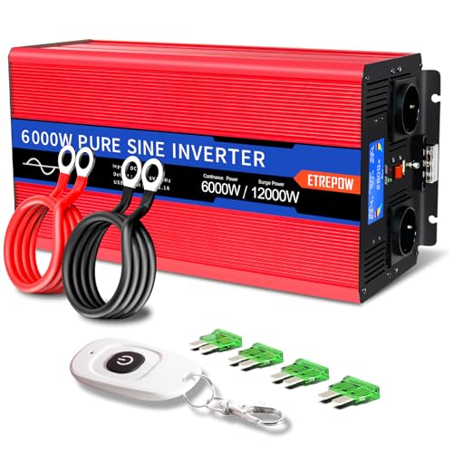 ETREPOW Inverter 6000 W 24 V 220 V Pure Sine Wave Transformer with 2 EU Sockets and a USB, Wireless Remote Control and LCD Display – Peak 12000 W