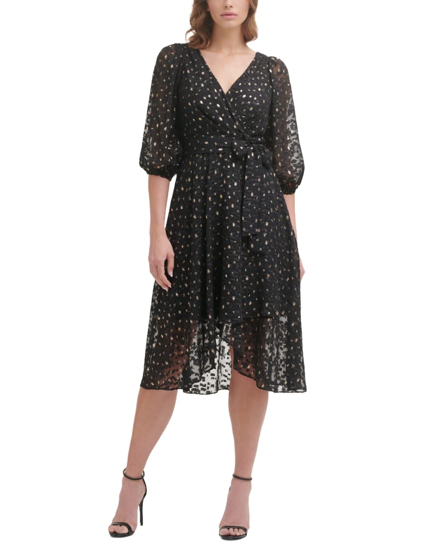 DKNY Women’s Faux Wrap Dress, BLK/Gold, 8