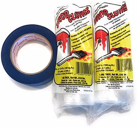 Drop Cloth and Blue Painter's Tape Bundle with 2 Rolls 9’ x 12’ 1 MIL Clear Plastic Drop Cloths and 1 Roll 1.41-Inch by 60-Yard Painter’s Tape