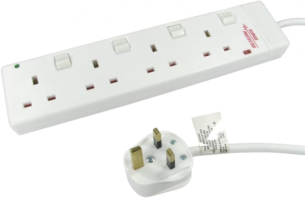 Bluecharge Direct 5m Long 4 Gang Switched Surge Protected UK Mains Power Socket Extension 4 Ports