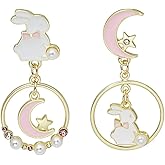 Asymmetric Rabbit Star Moon Earrings,Cute Bunny Pearl Crystal Drop Earring for Women Party Jewelry Gifts