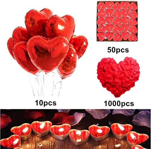 Allinlove 10 Pcs Red Heart Foil Balloons, 50 Pcs Love Heart Shape Tealights Love Candles and 1000 Pcs Silk Rose Petals for Romantic Night, Wedding Party, Valentine’s Day Decorations