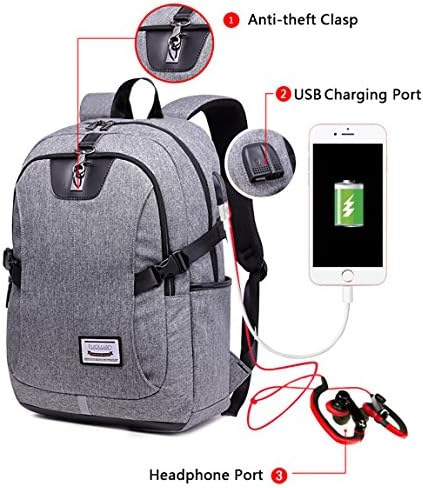 Business Laptop Computer Backpack School College Bookbag Travel Bag with USB Charging Port, Anti Theft Clasp and Headphone Port (grey)