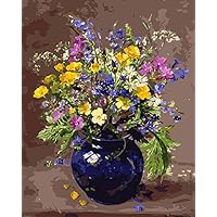 CaptainCrafts New Paint by Numbers 16x20" for Adults, Kids LINEN Canvas - Color Flowers Dark Blue Vase (Frameless)