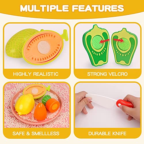 46 PCS Cutting Play Food Toy for Kids Kitchen, Pretend Fruit &Vegetables Accessories with Shopping Storage Basket, Plastic Mini Dishes and Knife, Educational Toy for Toddler Children Birthday Gift