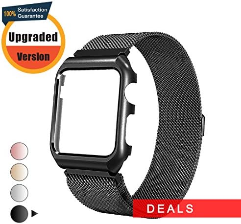 Apple Watch Band Milanese Loop 38mm,Mobest Stainless Steel Magnetic Band with Metal Protective Case Mesh Magnetic Bracelet Strap for 38mm Apple Watch Series 3/2/1,Sport and Edition-Black