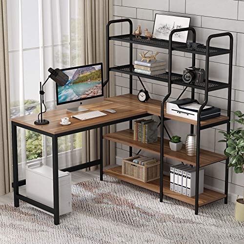Tribesigns Computer Desk with 5Tier Bookshelf, 53 inch L Shaped Desk