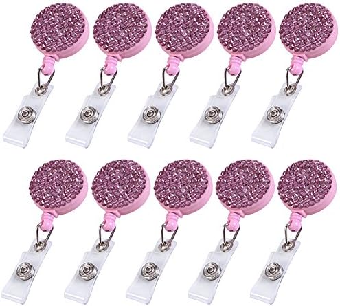 Luxury Handmade Retractable Black Crystal Badge Reel Cute Rhinestone Badge Holder Reel Clip For ID Badge Holder,ID Cards Badge 10 Pack (Pink)