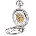 Antique Mens Silver Quartz Roman Numerals Pocket Watch with 14.5 inches Chain for Men Xmas Fathers Day Gift (Hollowed) (Silver)