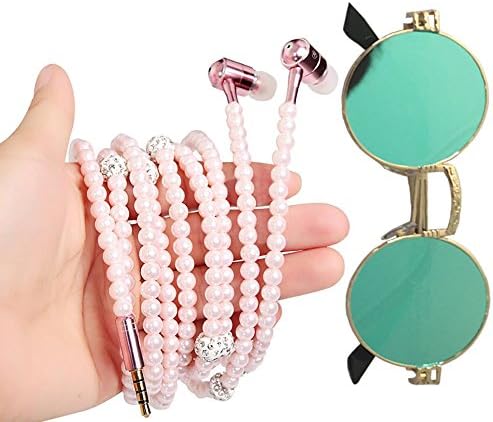 Kaidifange New Fashion Rhinestone PINK Jewelry Design Pearl Necklace Earphones Headsets,Super Bass HIFI Wired Earbuds Headphones with Mic Stereo Sound Music Earpiece for Android and IOS Smartphone