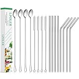 LPOLER 16 Pack Stainless Steel Straws Reusable Metal Straws Drinking for 20/30oz Tumblers, Ultra Long 10.5 Inch, And Long Handle Iced Cream Spoon Ice Tea Spoon, 4 Straight+4 Bent+4 Spoons+4 Brushes