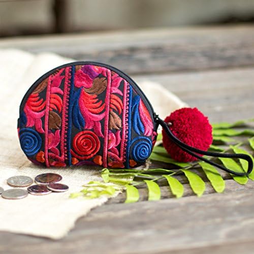 Changnoi Red Hmong Hill Tribe Embroidered Coin Purse for Women, Patchwork Coin Pouch, Mini Coin Purse with Pom Pom Zip Pull in Red